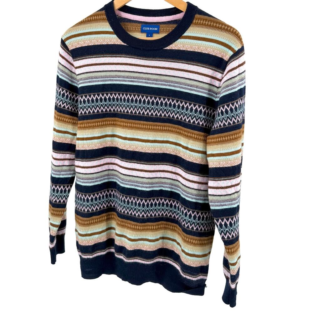 Club Room Navy Blue Fair Isle Striped Crew Neck Sweater